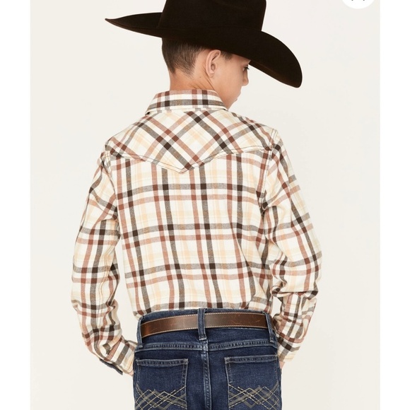 Cody James Boys Plaid Flannel Pearl Snap Shirt Beige Brown Western Pockets Large - Picture 2 of 15